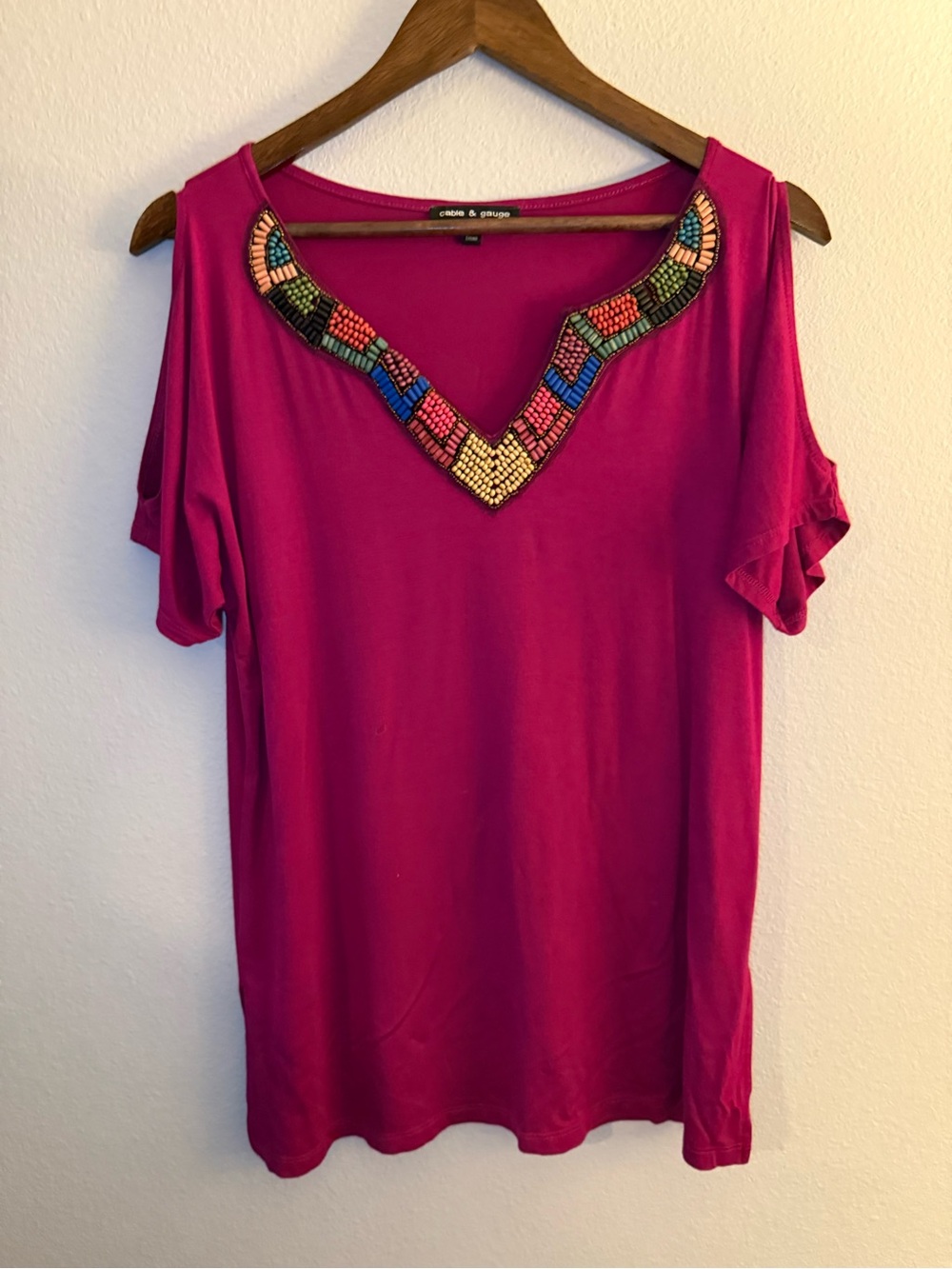 Cable & Gauge Fuchsia Cold-Shoulder V-Neck Top with Beaded Trim